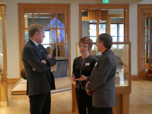 From left, Norwegian Ambassador Kåre R. Aas, Livsreise Manager Marg Listug and Bryant Foundation CFO Jerry Gryttenholm chat during the ambassador's visit to Livsreise on Sunday January 24, 2016.
